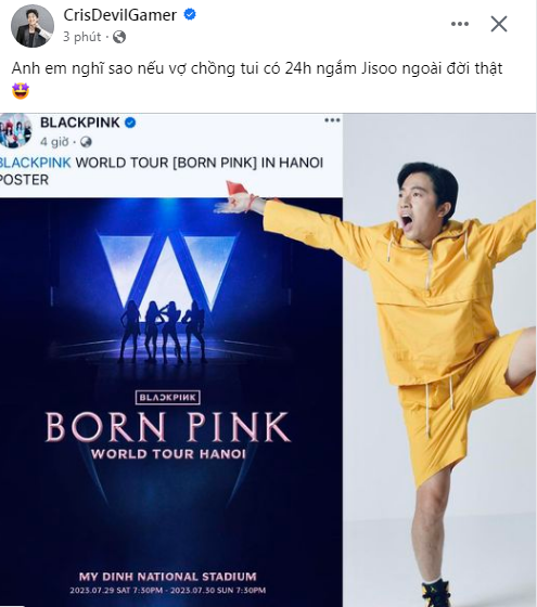 Vợ chồng Youtuber Cris Phan chia sẻ hình ảnh lên trang cá nhân, hào hứng với thông tin BlackPink về Việt Nam biểu diễn. Ảnh chụp màn hình