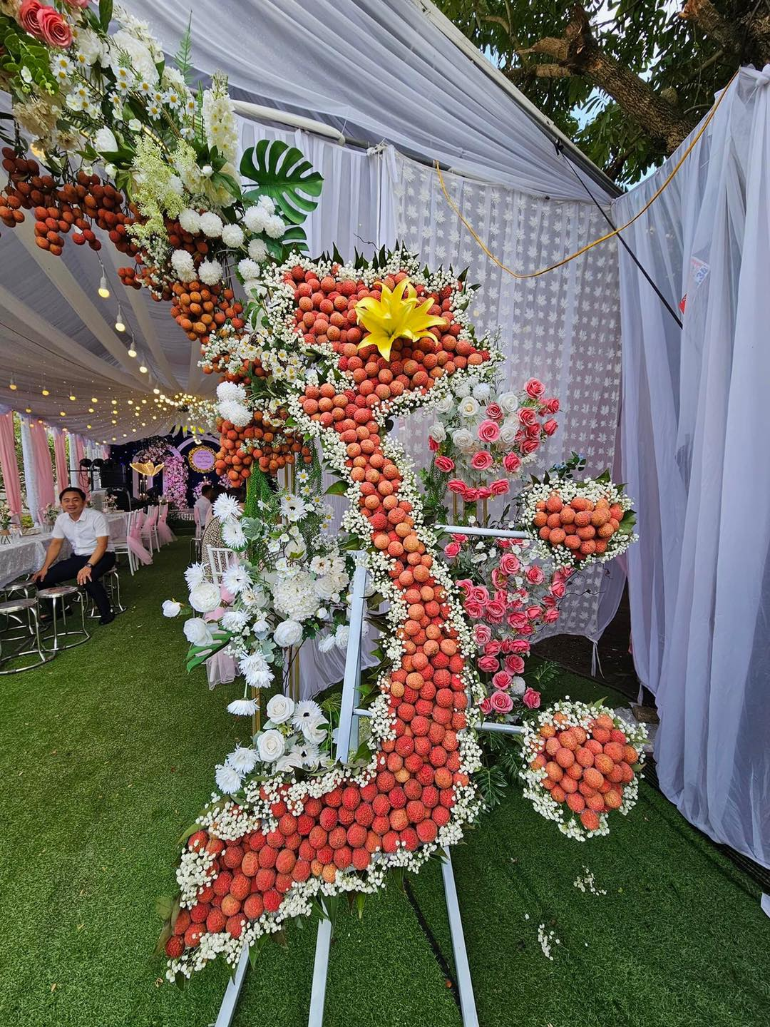 Thay vì sử dụng cổng cưới thông thường, hay được trang trí bằng hoa tươi thì đám cưới này lại sử dụng quả vải thiều để kết thành từng chùm trang trí bắt mắt.