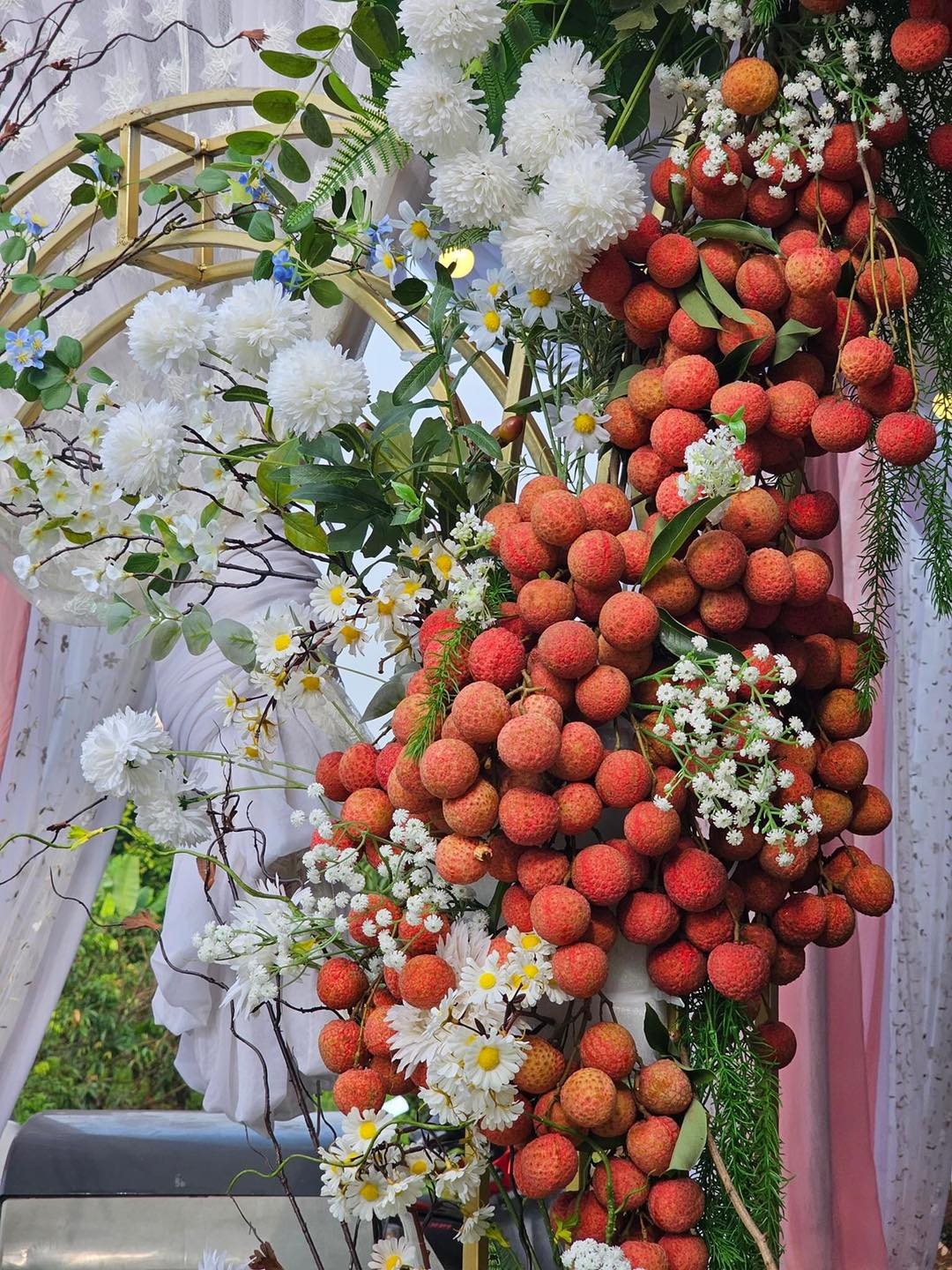 Thậm chí, chủ nhân của chiếc cổng cưới độc đáo này còn kết từng chùm vải thiều thành bản đồ Việt Nam ngay trước cổng ra vào.