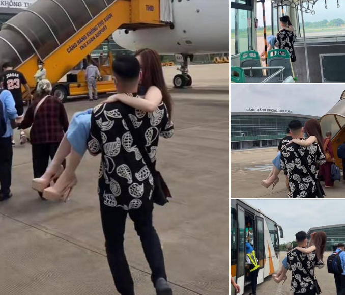 Co gai di cao got duoc chong be len may bay, netizen tranh cai