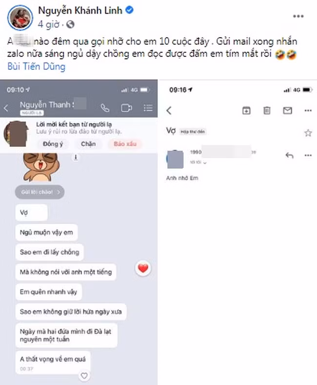 Ngoài hai lần trên, vào thời điểm trước ngày cưới Khánh Linh chia sẻ bài viết được một người đàn ông nhắn tin trách móc sao nỡ vội lấy chồng. Kèm theo đó, anh chàng này còn nói về việc cả hai ngày xưa đã từng đi Đà Lạt 1 tuần với nhau. Ảnh: Báo Tổ quốc