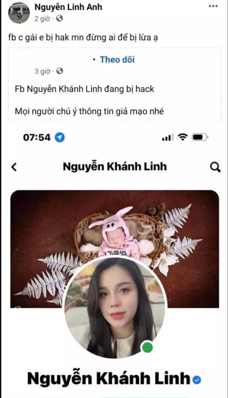 Ở một diễn biến khác, trên trang cá nhân Facebook của em vợ Bùi Tiến Dũng đã chia sẻ tài khoản Facebook của chị gái kèm dòng chú thích: "Facebook chị gái em bị hack, mọi người đừng ai để bị lừa ạ". Ảnh: Người đưa tin