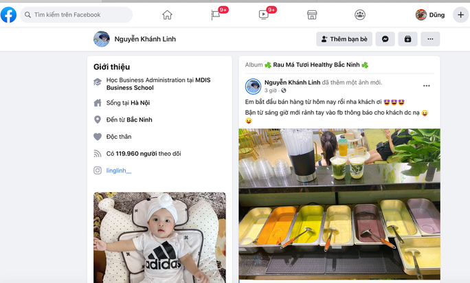 Cùng thời điểm đó, Khánh Linh đăng tải một dòng trạng thái buôn bán nước rau má. Đây là sản phẩm thức uống mà hai gia đình Bùi Tiến Dũng và Vũ Minh Tuấn (Viettel) đồng sở hữu làm netizen khó hiểu. Ảnh: Người lao động