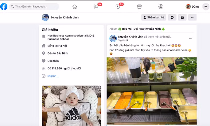 Cùng thời điểm đó, Khánh Linh đăng tải một dòng trạng thái buôn bán nước rau má. Đây là sản phẩm thức uống mà hai gia đình Bùi Tiến Dũng và Vũ Minh Tuấn (Viettel) đồng sở hữu làm netizen khó hiểu. Ảnh: Người lao động