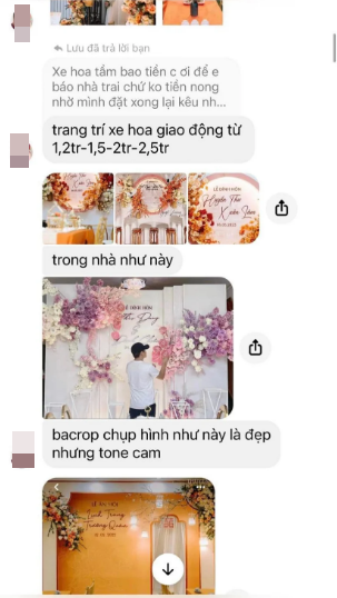 Nàng dâu mới còn chia sẻ hẳn đoạn hội thoại với đơn vị dựng rạp, cho thấy đội sự kiện đã gửi nhiều hình ảnh mẫu tư vấn cho khách.