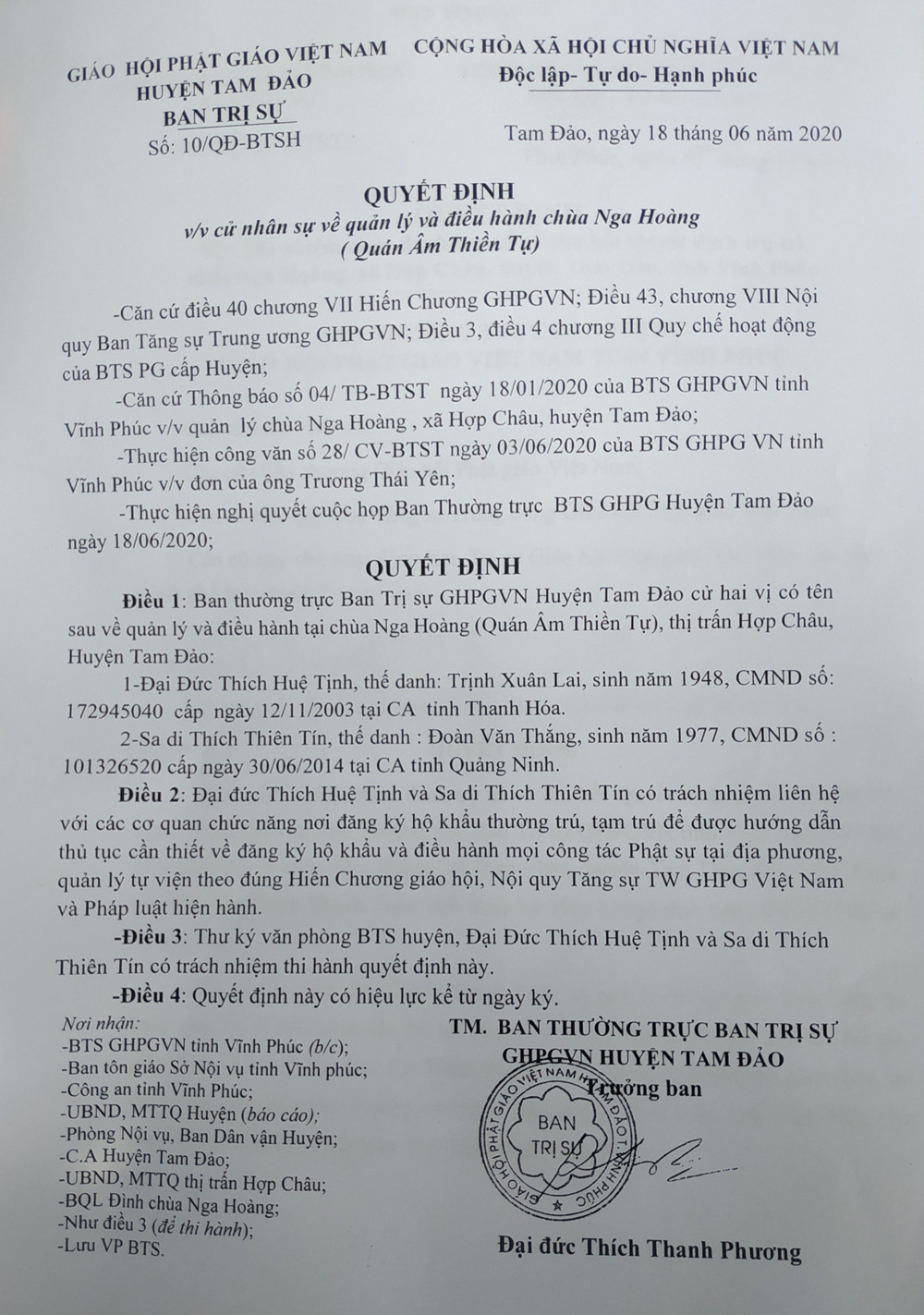 Quyết định cử nhân sự về quản lý và điều hành chùa Nga Hoàng