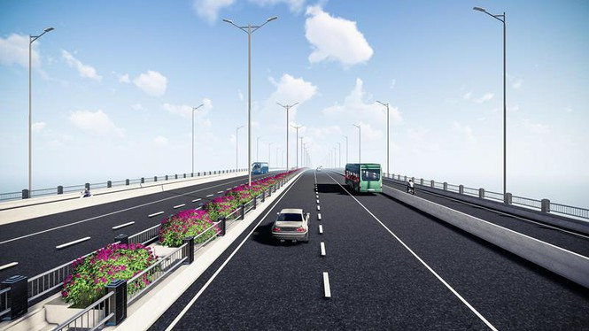 Mặt cắt ngang cầu cho thấy, ở giữa cầu là dải phân cách rộng và cao hơn mặt cầu và được bố trí những khay cây xanh. Bên dưới mặt cầu được chia ra 4 làn xe, với làn xe buýt làn, xe thô sơ được phân ra là đường dành riêng.