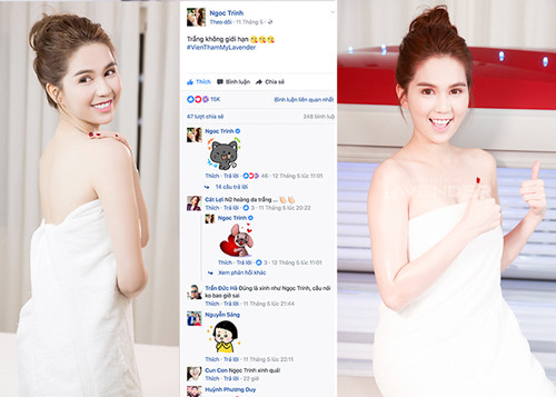 Nữ hoàng nội y cũng công khai phương pháp làm đẹp da mặt mà mình sử dụng: “Lúc mà đến spa làm mặt thì da của Trinh đang vừa sạm vừa mụn luôn, nhưng mà làm White Plus5in1 buổi đầu tiên thì mụn đã giảm rồi, da còn sáng lên nhìn thấy được bằng mắt thường.