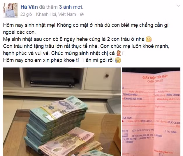 Câu chuyện về một hot girl Hà thành mới nổi tặng mẹ số tiền 500 triệu đồng nhân dịp sinh nhật mới đây khiến nhiều dân mạng Việt bất ngờ. Cô gái trẻ có nickname Hà Vân, khoe hành động tặng tiền khủng cho mẹ lên Facebook, công khai cả nhiều giấy tờ chuyển khoản quan trọng bỗng chốc trở thành nhân vật được nhiều người quan tâm, tìm kiếm thông tin. Ảnh: FBNV.