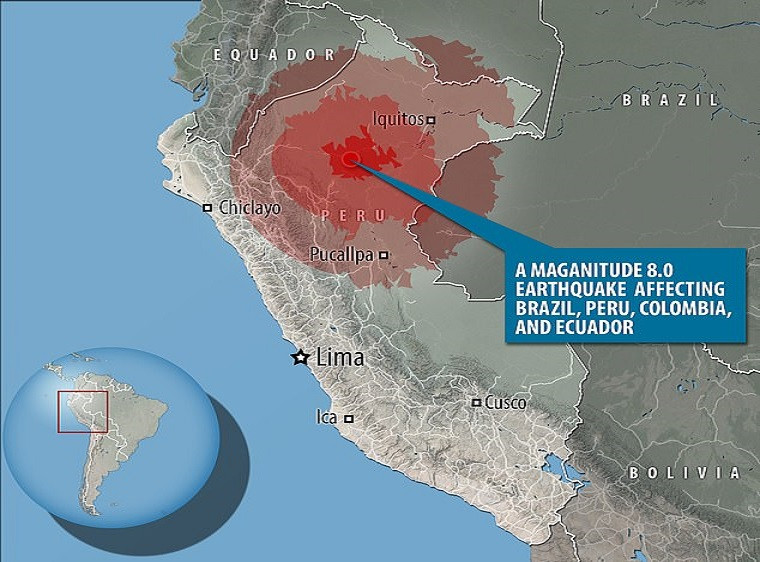 Trận động đất có tâm chấn sâu hơn 100 km, cách Lagunas khoảng 80 km về phía đông nam. Ảnh: Daily Mail.