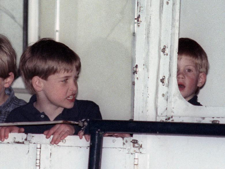 Hoàng tử William liếc nhìn em trai, Hoàng tử Harry, khi ở trên một con tàu ngoài đảo Necker trong kỳ nghỉ hồi tháng 4/1990.