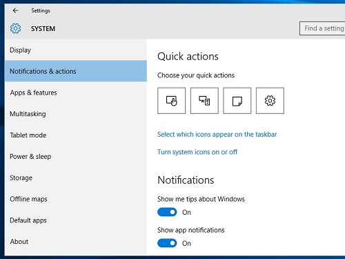  Tùy biến thông báo. Windows 10 có hệ thống thông báo hoàn toàn mới để thay thế cho thanh Charms Bar cũ trong Windows 8. Bạn có thể nhấn vào biểu tượng Notifications ở khay hệ thống để xem các thông báo. Đồng thời, bạn cũng có thể thay đổi cách các thông báo hiển thị bằng cách chọn All Settings &gt; System &gt; Notifications &amp; actions và tùy biến theo ý mình.