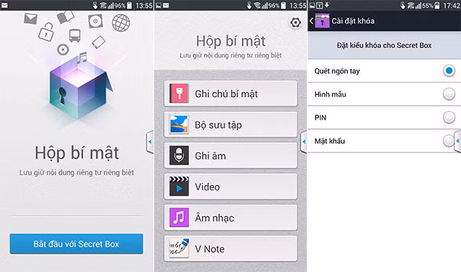 Một tính năng nữa cũng liên quan đến bảo vệ riêng tư là ứng dụng Hộp bí mật. Đúng như cái tên của nó, đây là ứng dụng cho phép bạn gom những nội dung cần bảo vệ riêng tư như ghi chú, ảnh, video, file ghi âm, file nhạc và nội dung từ ứng dụng V-Note vào khu vực được bảo mật. Khác với Chế độ bí mật chỉ mở được vân tay, tính năng Hộp bí mật có thể bảo mật bằng các phương thức khác như vẽ hình mẫu, PIN và mật khẩu.