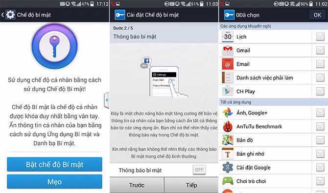 Đầu tiên là Chế độ bí mật để bảo vệ thông tin cá nhân. Chế độ này hỗ trợ bảo mật cho các ứng dụng cần đảm bảo riêng tư như lịch, Gmail, email… và tạo danh bạ bí mật với các số liên lạc cần giữ bí mật. Các thông báo từ những ứng dụng đưa vào chế độ bí mật cùng với thông tin liên hệ, tin nhắn và nhật ký cuộc gọi của những số liên lạc trong danh bạ bí mật sẽ được ẩn, không thấy được ở chế độ thông thường, phải mở máy bằng vân tay mới thấy. Một tính năng tận dụng cảm biến vân tay của máy khá hữu ích với những người có nhu cầu bảo mật thông tin trên điện thoại.