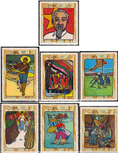 Bộ tem bưu chính đầu tiên của thế giới về Bác Hồ là bộ tem "Kỷ niệm 80 năm Ngày sinh Hồ Chí Minh" gồm 7 mẫu tem, do cố họa sĩ Felix René Mederos Pazos thiết kế, được Cộng hòa Cuba chính thức phát hành vào ngày 19/5/1970. Trong bộ tem, có một mẫu tem mang hình chân dung Hồ Chủ tịch trên nền cờ đỏ sao vàng, các mẫu tem khác thể hiện sinh động cảnh sinh hoạt và chiến đấu của quân dân hai miền.