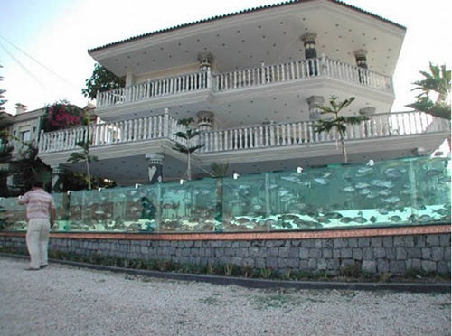  Biệt thự có tường rào bằng bể cá dài 50m. Biệt thự của tỉ phú Thổ Nhĩ Kì Mehmet Ali Gökçeoğlu khiến nhiều người ngỡ ngàng vì bao quanh nó là một…bể cá dài 50m với hàng trăm con cá và bạch tuộc các loại. Rất nhiều du khách đã đổ về đây chiêm ngưỡng và chụp ảnh lưu niệm. Điều này khiến chủ nhân căn nhà phải lắp đặt tới 17 camera theo dõi nhằm đảm bảo an toàn cho khu nhà.