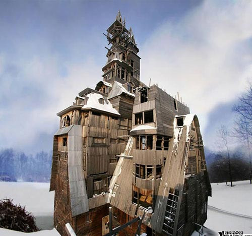  Biệt thự gỗ 13 tầng, cao 43m. Nikolai Sutyagin từng là một người có máu mặt tại Nga. Ông hiện đang sống trong một căn nhà gỗ vô cùng đặc biệt. Căn nhà có 13 tầng và cao tới 43m. Nikolai cho biết, ông xây căn nhà này nhằm chứng tỏ vị trí của mình là người giàu nhất thành phố với những hàng xóm xung quanh. Tuy rất ấn tượng nhưng cấu trúc của căn nhà không được chắc chắn và nhiều người cho rằng nó sẽ không tồn tại được lâu.