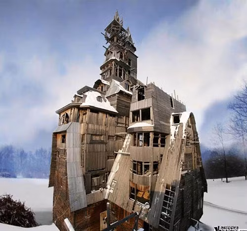  Biệt thự gỗ 13 tầng, cao 43m. Nikolai Sutyagin từng là một người có máu mặt tại Nga. Ông hiện đang sống trong một căn nhà gỗ vô cùng đặc biệt. Căn nhà có 13 tầng và cao tới 43m. Nikolai cho biết, ông xây căn nhà này nhằm chứng tỏ vị trí của mình là người giàu nhất thành phố với những hàng xóm xung quanh. Tuy rất ấn tượng nhưng cấu trúc của căn nhà không được chắc chắn và nhiều người cho rằng nó sẽ không tồn tại được lâu.