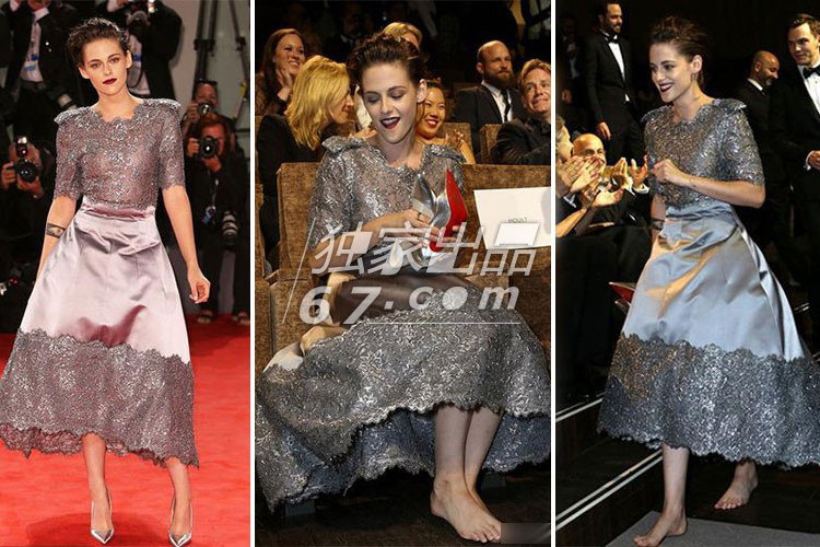 Tại một sự kiện, Kristen Stewart diện váy ánh kim, đi giày cao gót cùng tông màu hàng hiệu. Tuy nhiên, không lâu sau đó, cô tháo giày, đi chân trần. Ảnh: 67