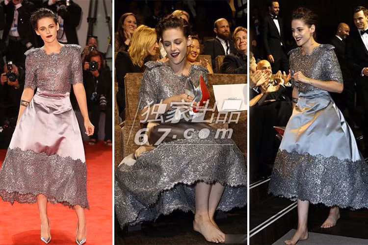 Tại một sự kiện, Kristen Stewart diện váy ánh kim, đi giày cao gót cùng tông màu hàng hiệu. Tuy nhiên, không lâu sau đó, cô tháo giày, đi chân trần. Ảnh: 67