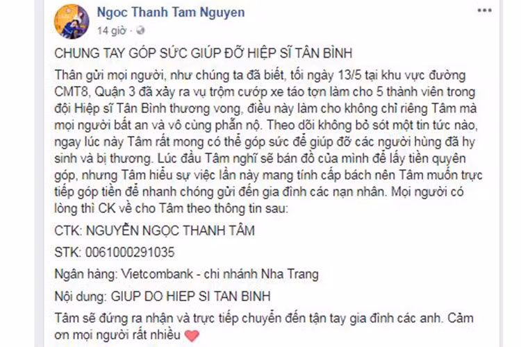 Ngọc Thanh Tâm cũng lên tiếng kêu gọi ủng hộ gia đình các hiệp sĩ tử nạn.