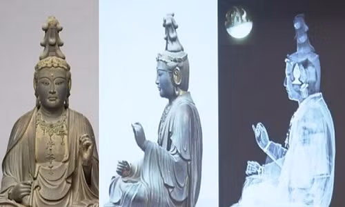 Hình quét CT cho thấy bức tượng rỗng bên trong và chứa nhiều cuộn giấy, sách và đồ tạo tác lạ. Ảnh: NHK