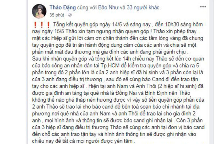Hoa hậu Đặng Thu Thảo chia sẻ chi tiết số tiền quyên góp sẽ gửi đến gia đình 2 hiệp sĩ thiệt mạng và 3 hiệp sĩ bị thương, đang được điều trị.