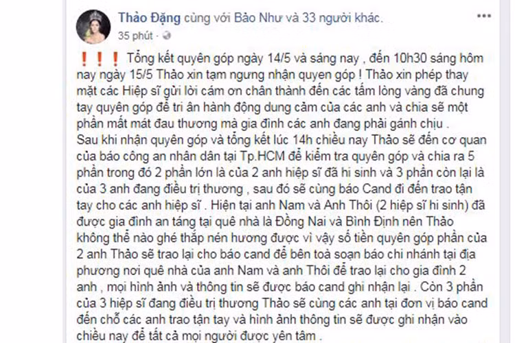 Hoa hậu Đặng Thu Thảo chia sẻ chi tiết số tiền quyên góp sẽ gửi đến gia đình 2 hiệp sĩ thiệt mạng và 3 hiệp sĩ bị thương, đang được điều trị.