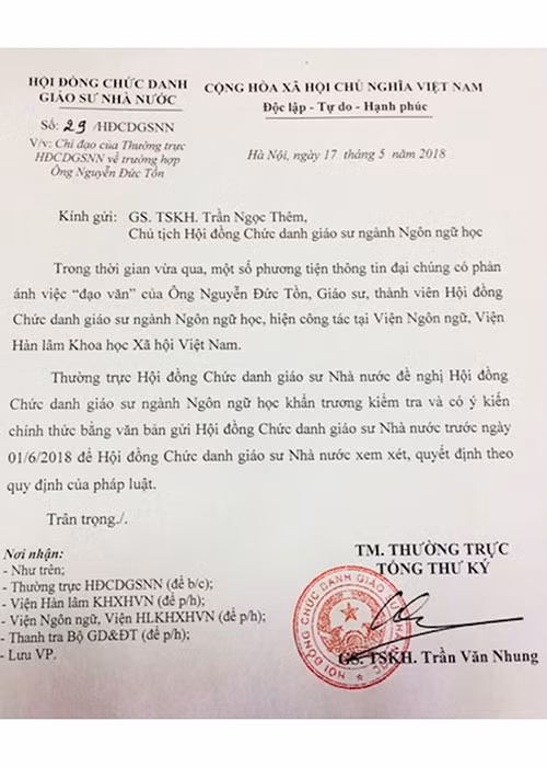 Công văn của Hội đồng Chức danh Giáo sư nhà nước gửi Hội đồng Chức danh giáo sư ngành Ngôn ngữ.