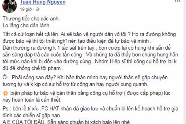 Tuấn Hưng bày tỏ sự tiếc thương trước sự ra đi của 2 hiệp sĩ đồng thời tổ chức trận bóng đá từ thiện kêu gọi những nhà hảo tâm giúp đỡ.