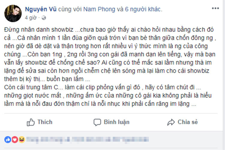 Nguyên Vũ bức xúc: "Ai cũng có thể mắc sai lầm nhưng thà im lặng để sửa sai còn hơn ngồi chễm chệ lên sóng mà lại làm cho cái showbiz thêm bị kỳ thị... buồn bạn lắm”.