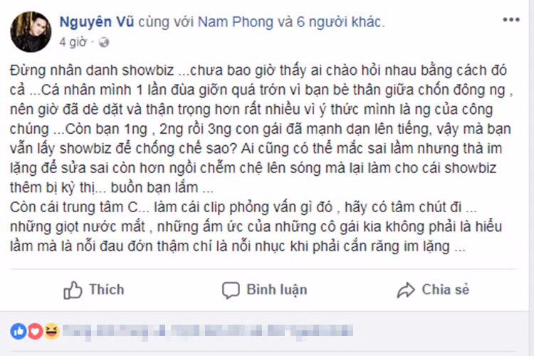 Nguyên Vũ bức xúc: "Ai cũng có thể mắc sai lầm nhưng thà im lặng để sửa sai còn hơn ngồi chễm chệ lên sóng mà lại làm cho cái showbiz thêm bị kỳ thị... buồn bạn lắm”.
