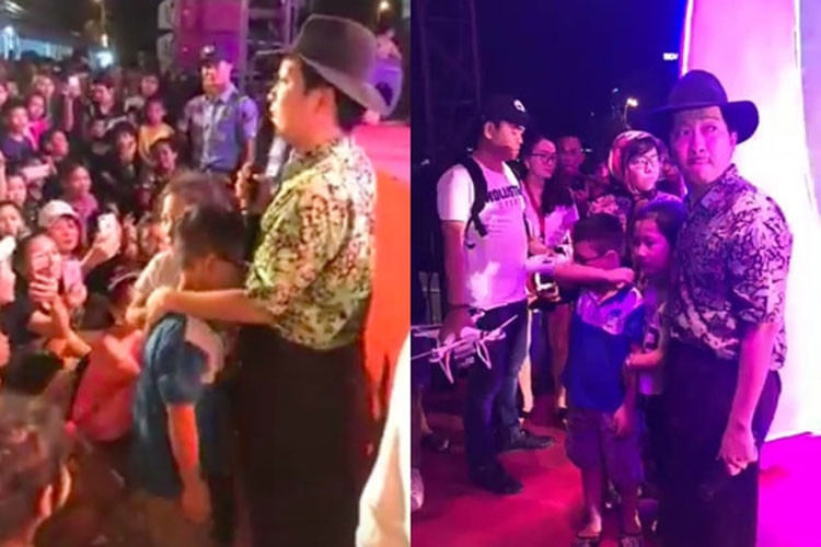 Tối ngày 19/5, đi diễn ở hội chợ Quy Nhơn, Trường Giang đã cầu xin khán giả đừng ném chai lên sân khấu. Cũng trong đêm diễn, nam danh hài đã giúp 2 em bé đi lạc tìm người thân. Ảnh: Zing