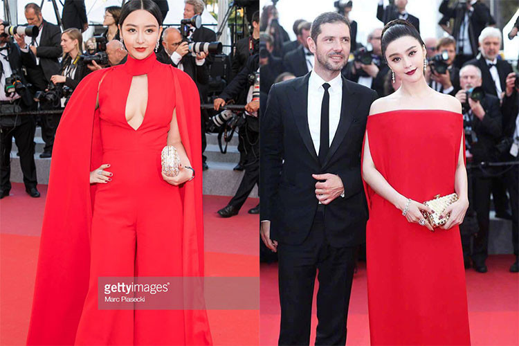 Thảm đỏ Cannes vốn không thiếu những chiêu trò. Mới đây, một người đẹp vô danh nhái phong cách của Phạm Băng Băng. Ảnh: Getty