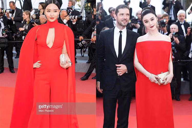 Thảm đỏ Cannes vốn không thiếu những chiêu trò. Mới đây, một người đẹp vô danh nhái phong cách của Phạm Băng Băng. Ảnh: Getty