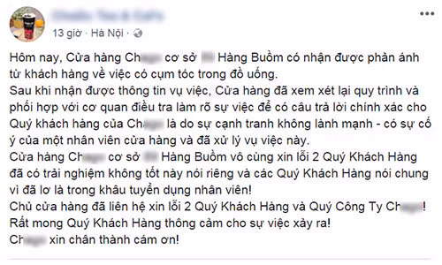 Hàng trà sữa Ch. lên tiếng sau vụ việc đồ uống xuất hiện tóc và rác được khách hàng phản ánh.