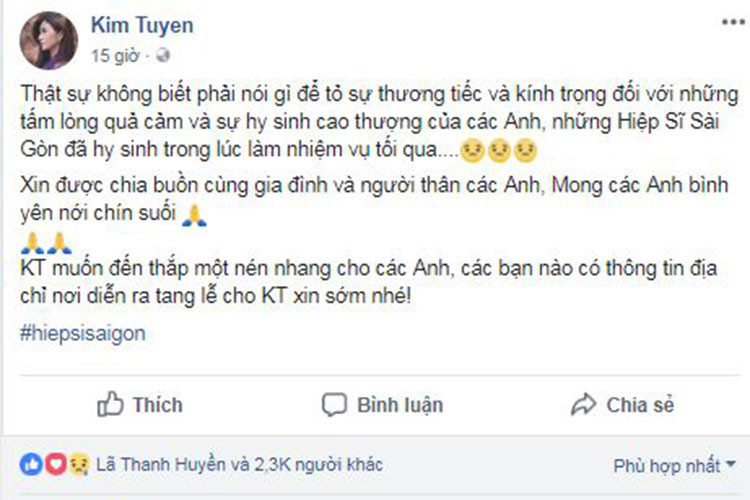 Kim Tuyến chia buồn cùng gia đình các hiệp sĩ qua đời. Nữ diễn viên cũng muốn đến tận nơi viếng các hiệp sĩ.