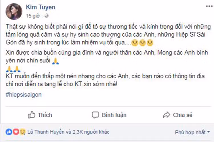 Kim Tuyến chia buồn cùng gia đình các hiệp sĩ qua đời. Nữ diễn viên cũng muốn đến tận nơi viếng các hiệp sĩ.