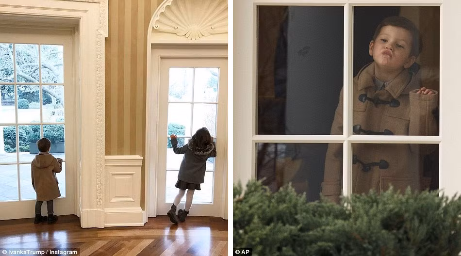 Hai cháu ngoại của ông Donald Trump chơi trong Nhà Trắng trước khi được ông ngoại đưa lên trực thăng. Hai bức ảnh trên được mẹ chúng là Ivanka Trump đăng tải trên trang xã hội. Ảnh Daily Mail