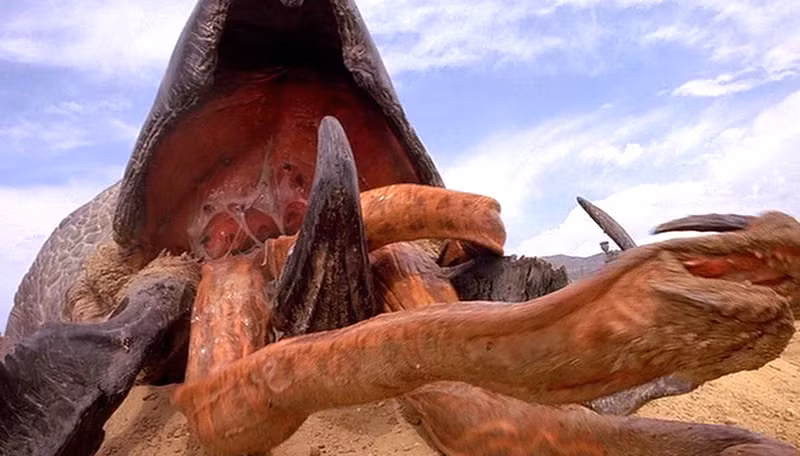 7. Graboids (Tremors): Graboids là những sinh vật khổng lồ dưới lòng đất trong loạt phim "Tremors". Dù không hẳn là sinh vật ngoài hành tinh, Graboids có bản năng săn mồi đáng sợ và khả năng di chuyển nhanh dưới đất. Chúng có thể phát hiện rung động và tấn công mục tiêu từ dưới lòng đất, biến những khu vực hoang vắng trở thành cơn ác mộng sống động.(Ảnh:Tremors Wiki)