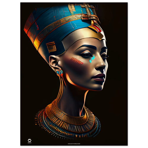 Các bức tượng và hình ảnh của Nefertiti, đặc biệt là bức tượng bán thân nổi tiếng, đã trở thành biểu tượng của sự quyến rũ và quyền lực. Nefertiti qua AI, hiện lên là một người phụ nữ với khuôn mặt thanh tú với chiếc vương miện cao. (Ảnh: woodin)