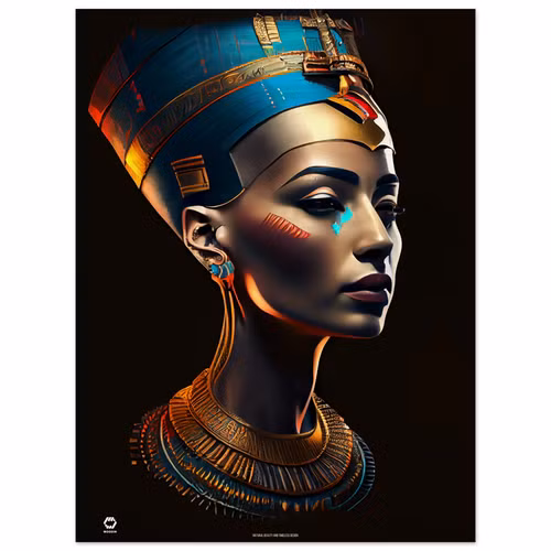 Các bức tượng và hình ảnh của Nefertiti, đặc biệt là bức tượng bán thân nổi tiếng, đã trở thành biểu tượng của sự quyến rũ và quyền lực. Nefertiti qua AI, hiện lên là một người phụ nữ với khuôn mặt thanh tú với chiếc vương miện cao. (Ảnh: woodin)