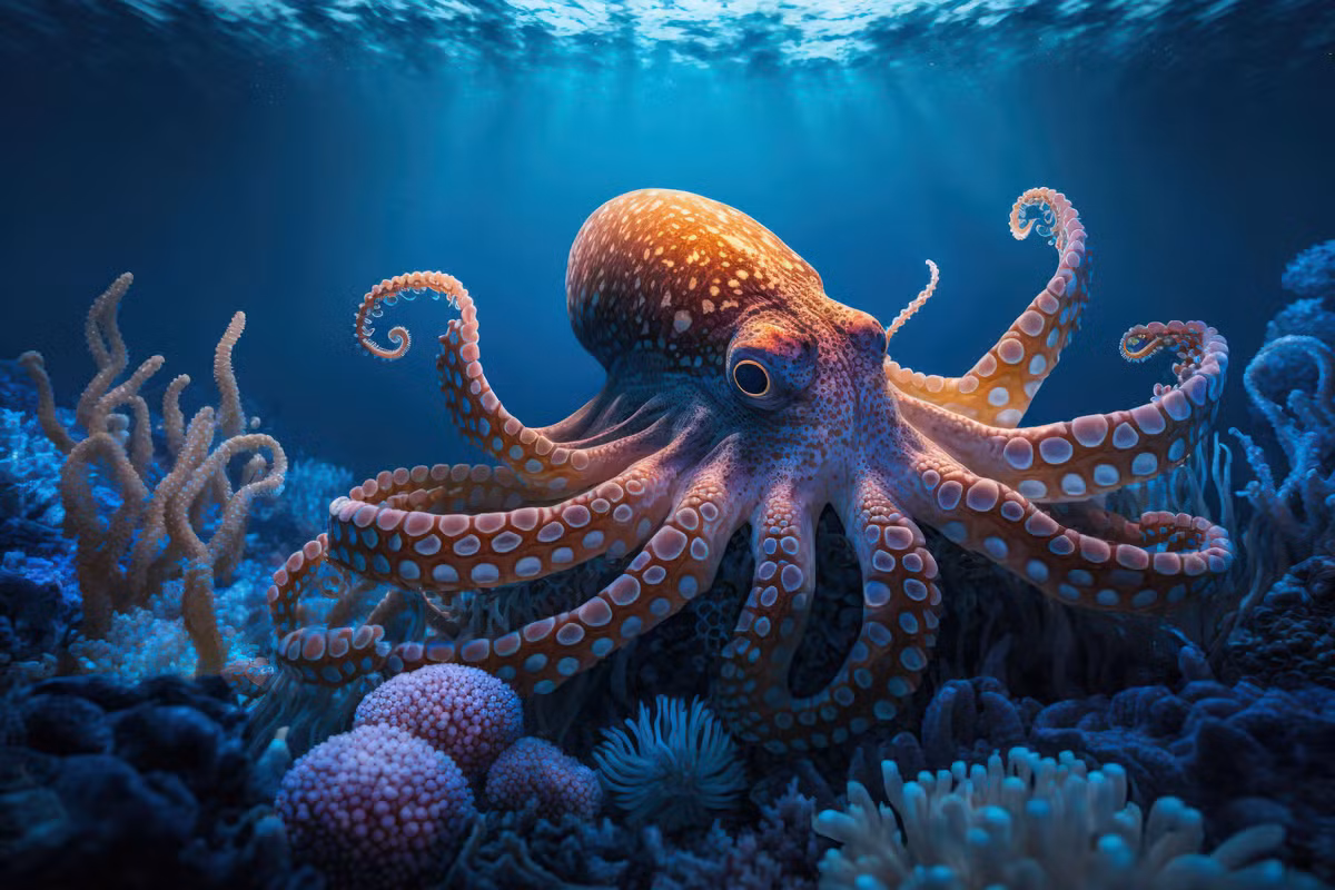 3. Mắt của bạch tuộc (Octopus): Bạch tuộc sở hữu đôi mắt có cấu trúc độc đáo, với võng mạc hình cốc thay vì hình cầu như ở con người. Điều này giúp chúng điều chỉnh ánh sáng và nhìn rõ ràng dưới nước, nơi ánh sáng khúc xạ mạnh. Đôi mắt của bạch tuộc cũng có khả năng thay đổi màu sắc để ngụy trang, và chúng có thị lực rất tốt, giúp chúng săn mồi và trốn tránh kẻ thù một cách hiệu quả.(Ảnh: New Atlas)