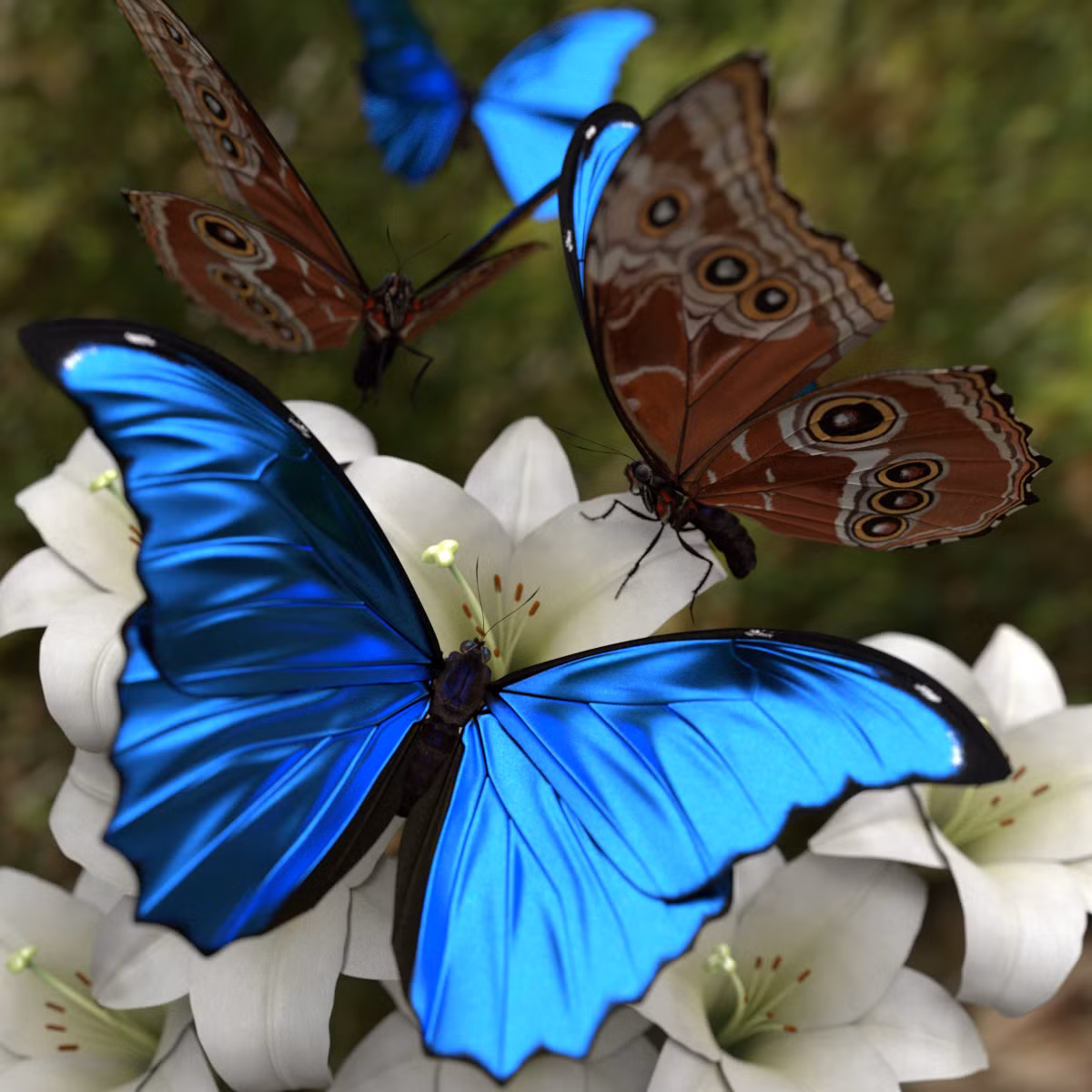 4. Bướm Morpho (Morpho Butterfly): Bướm Morpho, đặc biệt là loài Morpho menelaus, được biết đến với đôi cánh xanh lam sáng chói. Màu sắc này là do cấu trúc siêu nhỏ trên cánh tạo ra hiện tượng nhiễu xạ ánh sáng, khiến chúng lấp lánh như ngọc trai khi bay trong ánh sáng mặt trời.(Ảnh: Blender Market)