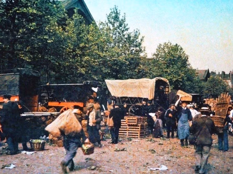 Khu chợ bán thực phẩm tấp nập người mua bán.