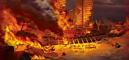 Bên phía của Chu Du đã đưa những hỏa thuyền tiến về phía hạm đội tàu của Tào Tháo, khiến những tàu chiến của Tào Tháo nhanh chóng bắt lửa do gió to và bị xích vào nhau. Điều này đã khiến một số lớn binh lính của Tào Tháo chết cháy hoặc chết đuối do tàu bị cháy và chìm.