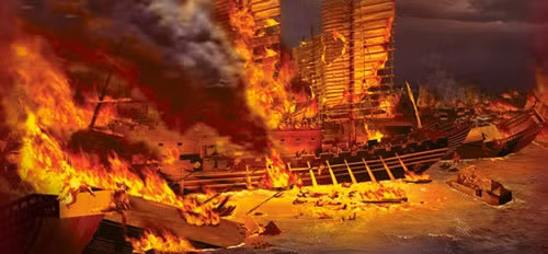 Bên phía của Chu Du đã đưa những hỏa thuyền tiến về phía hạm đội tàu của Tào Tháo, khiến những tàu chiến của Tào Tháo nhanh chóng bắt lửa do gió to và bị xích vào nhau. Điều này đã khiến một số lớn binh lính của Tào Tháo chết cháy hoặc chết đuối do tàu bị cháy và chìm.