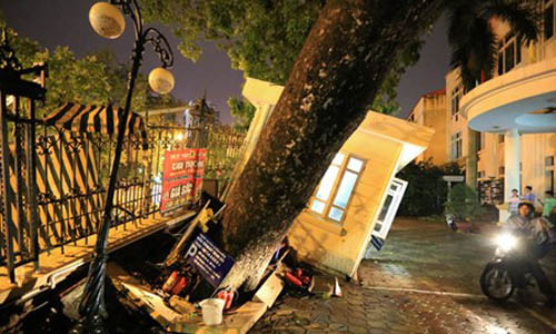 Trận giông lốc vào khoảng 17h ngày 13/6 đã khiến hàng trăm cây xanh ở Hà Nội gãy đổ. Tại Viện Kiểm nghiệm thuốc Trung ương, 48 Hai Bà Trưng, cây xà cừ ngay sát phòng bảo vệ bị bật gốc khiến căn phòng đổ nghiêng, gần 10m rào sắt cũng bị uốn cong. Trong ảnh là phòng bảo vệ bị nhổ bật vì mưa giông.