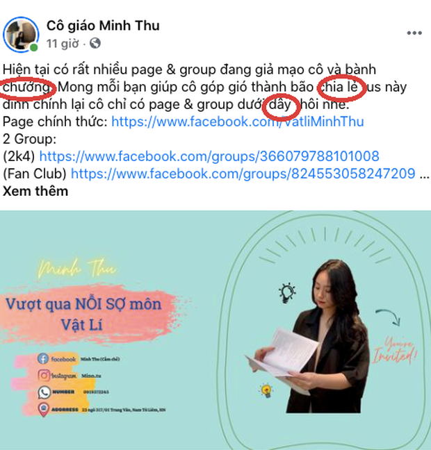 Ngoài ra, Minh Thu từng bị cư dân mạng "soi" viết sai chính tả trong một bài đăng. Cụ thể, netizen phát hiện cô viết sai "bành chướng" (từ đúng: bành trướng), "chia lẻ" (từ đúng: chia sẻ), "dây" (từ đúng: đây).