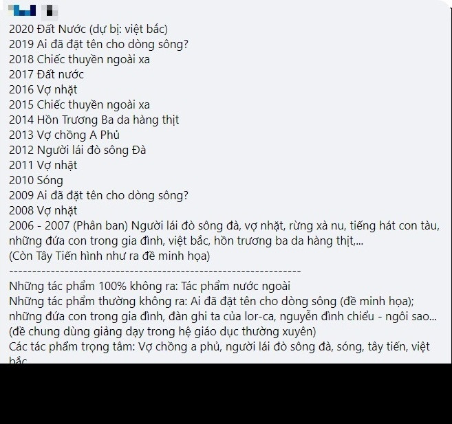 Nhiều cư dân mạng còn cẩn thận liệt kê lại những tác phẩm văn học đã từng xuất hiện ở các năm trước cho các sĩ tử tham khảo.